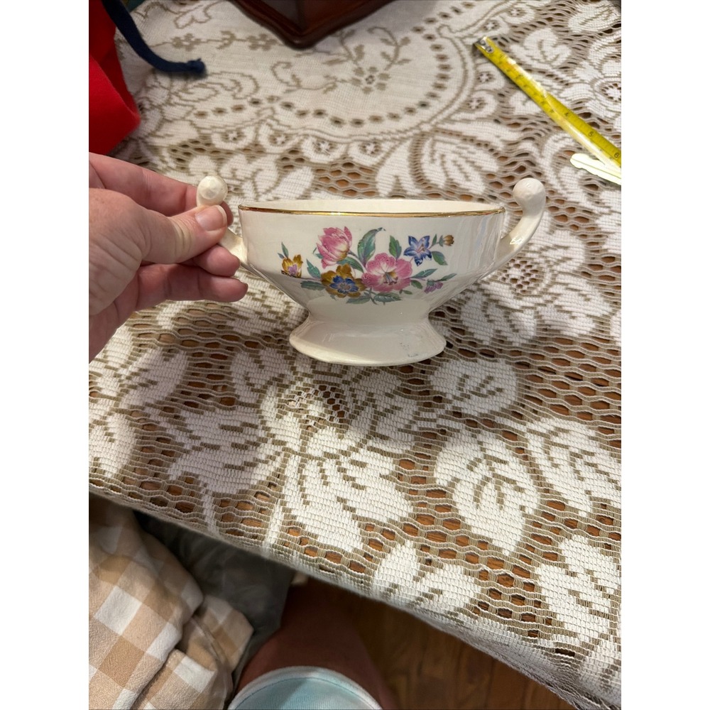 Vintage Floral Footed Sugar Bowl Gold Trim Cream Ceramic Double Handle Dish